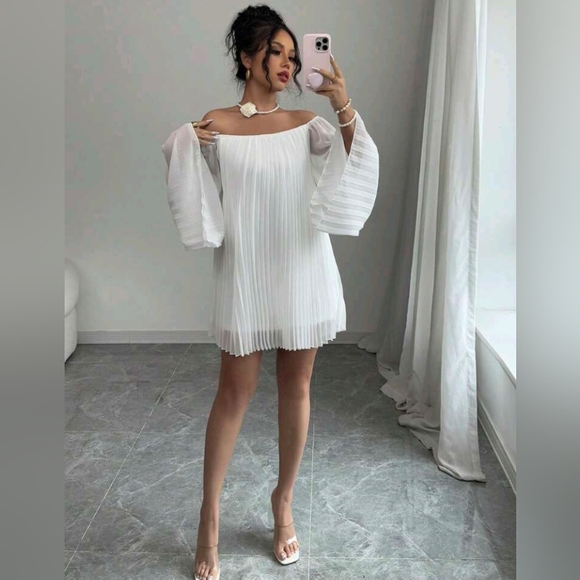 Dresses & Skirts - Pleated Loose Off Shoulder Straight Solid Color Dress For Women